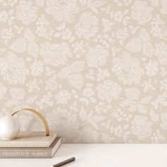 Line Peonies and Berries Wallpaper - White on Tan Berries Wallpaper, Modern Mural, Room View, Decorative Stand, Art Deco Boho, Candle Box, Beaded Garland, Wooden Decor, Traditional Wallpaper