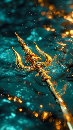 a fishing rod in the water with gold flecks on it's end