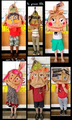 several pictures of children with paper bags on their heads