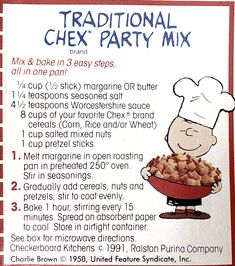 a recipe for a traditional cheesy party mix is shown in red and white