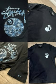 four t - shirts with different designs on them, one is black and the other is blue