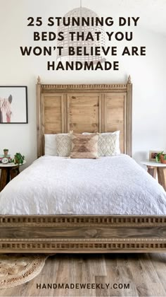 This roundup of the 25 most impressive DIY beds on the internet is sure to leave your jaw on the floor. #diybeds #woodworking #diy #diyfurniture #handmadefurniture Diy French Bed Frame, How To Build A Queen Size Bed Frame, Diy Master Bed Frame, King Bedframe Ideas Diy, Diy Tall Bed Frame, Diy Bed Frame For Adjustable Bed, Wood Headboard Bedroom Ideas, King Size Bed Diy, Farmhouse Bed Diy