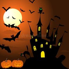 a castle with bats and pumpkins in front of a full moon