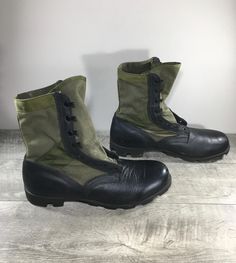 Up on ETSY for buy it now is a pair of good condition, Vintage Wellco Jungle Combat Military Soft Toe Tropical Army Leather Mens Boots. Size 14 R, Regular or Medium Width. Canvas uppers. Rubber soles. From smoke-free home. Clean inside and out. Very well built and sturdy. Approximate Outside Dimensions: 13.75 inches heel to toe by 4.75 inches across the ball of footwear by 1.5 inches tall heels by 9.5 inches tall. Sold as is gently used.  Please check out the pictures. If you need more pictures Tall Heels, Mens Shoes Boots, Boots Men, Shoes Mens, Men's Shoes, Shoe Boots, Black Leather, Electronic Accessories, Purses And Bags