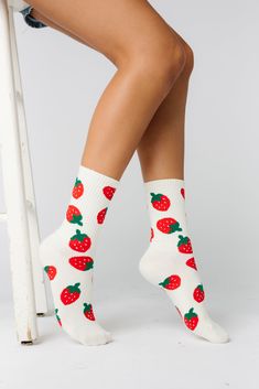 Carry the joy of summer with you in to the fall with these sweet strawberry socks! Crew socks with 5" cuff All over strawberry print Trendy Red Socks For Summer, Red Cotton Socks For Spring, Sweet White Summer Socks, Comfortable Red Socks For Summer, Strawberry Socks, Getaway Dress, Maternity Nursing Dress, Fun Socks, Crew Sock