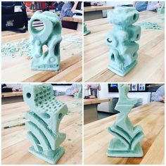 four different views of a sculpture on a table