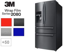 a silver refrigerator freezer sitting next to a red and blue color swat list for the 3m wrap film series 2080