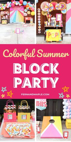 colorful summer block party with lots of decorations