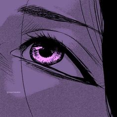 an anime character's eye is shown in purple and black colors, with long eyelashes