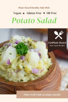 potato salad in a wooden bowl with parsley on top and text overlay that reads, vegan gluen free oil - free potato salad