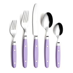 four forks, two spoons and one knife on a white surface with purple handles