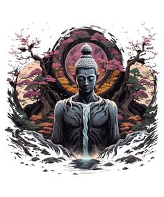 the buddha statue is surrounded by trees and water in front of an image of a waterfall