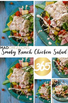 a collage of photos showing different types of salads