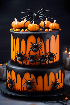 two tiered halloween cake decorated with black and orange icing, pumpkins and spider decorations