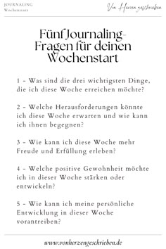 Fünf Journaling-Fragen für deinen Wochenstart: 1. Wichtige Ziele, 2. Herausforderungen, 3. Freude und Erfüllung, 4. Positive Gewohnheit, 5. Persönliche Entwicklung Deep Talks, Journal Questions, Free Mind, Coaching Tools, Get My Life Together, Mental Training, Blog Writing, Book Girl, Journal Writing