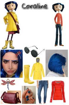 an image of a woman with blue hair and orange shirt, yellow raincoat, red boots