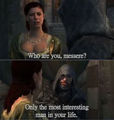 a woman in medieval dress standing next to a man wearing a hoodie with the caption who are you, messer? only the most interesting man in your life