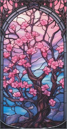 a stained glass window with pink flowers in the center and trees on it's sides