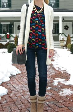 rainbow print tee, boyfriend cardigan, jeans, pearls, fuzzy boots Cardigan Jeans, Fuzzy Boots, Skip It, Fall Fashion Trends Women, American Eagle Shirts, American Eagle Jeggings