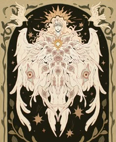 an art nouveau painting with angel wings and stars