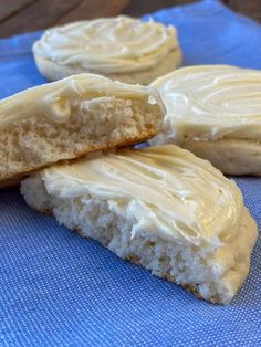 three pieces of cottage cheese cookies sitting on top of a blue cloth with the words cottage cheese cookies