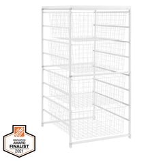 white wire storage rack with four baskets on the bottom and one shelf below it, against a white background