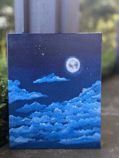 an acrylic painting of a night sky with clouds and the moon in the distance