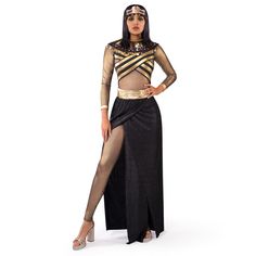 PRICES MAY VARY. Set Includes: The Exquisite cleopatra costume Set includes 1 black collar, 1 Skirt,1 Top and 1 underneath catsuit. Step into the grandeur of ancient Egypt and channel the iconic Queen Cleopatra with this stunning costume set. Premium Quality: Made of 100% polyester and safety test approved materials, our Queen Cleopatra Costume ensures durability and an exquisite look. The combination of black and gold adds a regal touch, capturing the essence of Egyptian royalty. Versatile Occa Luxury Sherwani For Puja During Navratri, Cleopatra Accessories, Pharaoh Dress, Nefertiti Dress, Egyptian Dresses, Cleopatra Outfit, Cleopatra Dress, Egyptian Royalty, Master Of Disguise