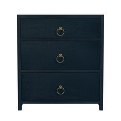 a black dresser with two drawers and gold handles