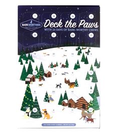 deck the paws christmas card with animals and trees on it's front, in blue background