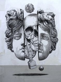 a drawing of three heads with faces in the middle and one has a skull on it's head