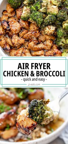 air fryer chicken and broccoli in a white bowl with text overlay