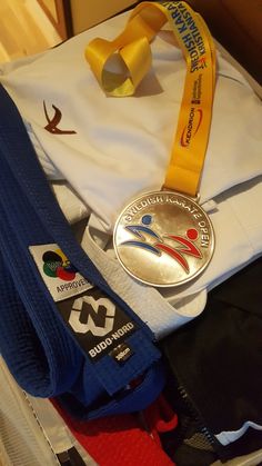 an olympic medal sits on top of a white t - shirt and other sports items