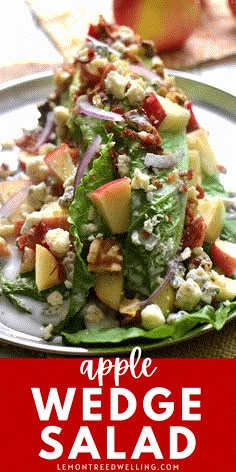 an apple wedge salad on a white plate with red and white text that reads, apple wedge salad