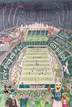 a drawing of a football stadium with fans and fireworks in the sky, as well as an eagle mascot