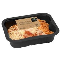 a black plastic container filled with spaghetti and meat sauce on top of a white background