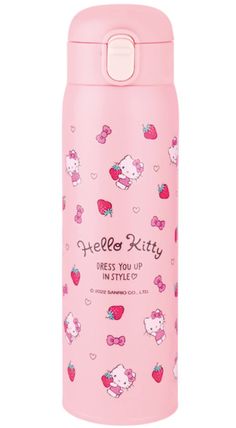 a pink hello kitty water bottle with hearts on it