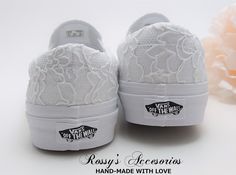 "Beautiful and Romantic wedding  sneakers is a perfect accessory for your Special day.. These White Slip On Authentic Vans , are covered with White Lace .  Handmade to order, so please allow me enough time before your wedding date. Orders are processed and shipped within 6-7 WEEKS of payment., large orders, may take longer ..Please allow 2-5 days additional and Domestic Shipping will take 2-5 Business days.  RUSH ORDERS ARE AVAILABLE **Please read all \"shop policies\" before placing your order* Bride Tennis Shoes, Vans Shoes Wedding, Bridal Vans, Vans Wedding, Lace Vans, Sneakers For Bride, Wedding Tennis Shoes, Wedding Sneakers For Bride, Ribbon Shoe Laces