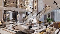 an elegant living room with chandelier and marble flooring is pictured in this artist's rendering