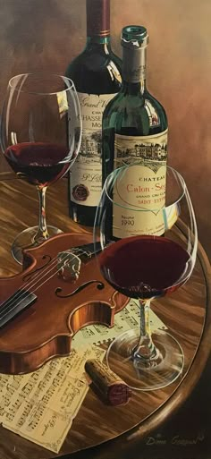 a painting of a violin, wine glass and bottle on a table with sheet music