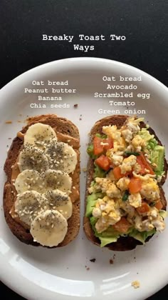 two halves of toast with eggs, avocado and other toppings on them