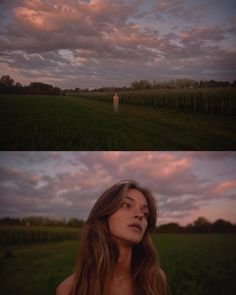 two pictures of a woman standing in a field at sunset and the same photo taken from behind her