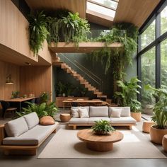 a living room filled with lots of furniture and plants