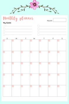 a printable month planner with pink flowers and leaves on the top, in front of a