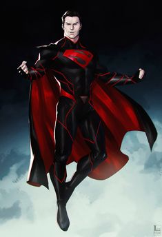 a man in a red and black superman costume flying through the air with his arms outstretched