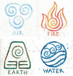 four different logos with water and fire painted on them