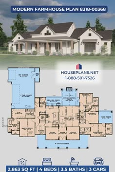 the floor plan for this modern farmhouse house plan is shown in blue and white colors