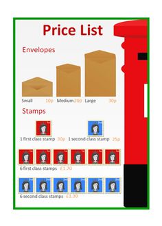 the price list for stamps is shown in red, green and blue with an image of a