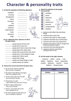 the character and personality worksheet is shown in blue ink on a white background