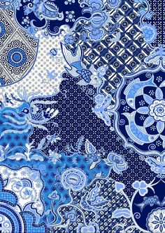 a blue and white background with many different designs